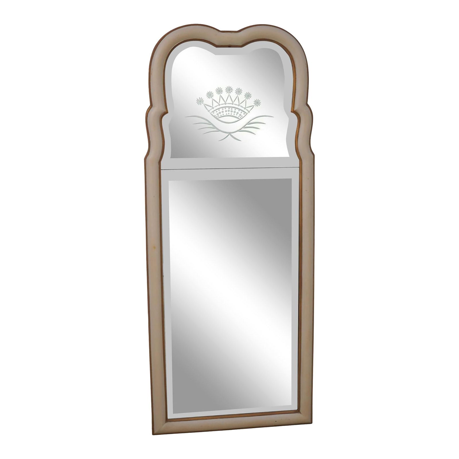 Elegant Queen Anne Design Beveled Glass Mirror Off White Antique Finish: Elegant Queen Anne Design Beveled Glass Mirror Off White Antique Finish This exquisite Queen Anne Design mirror features a beautifully etched glass top and double beveled glass mirror panels, showcasi
