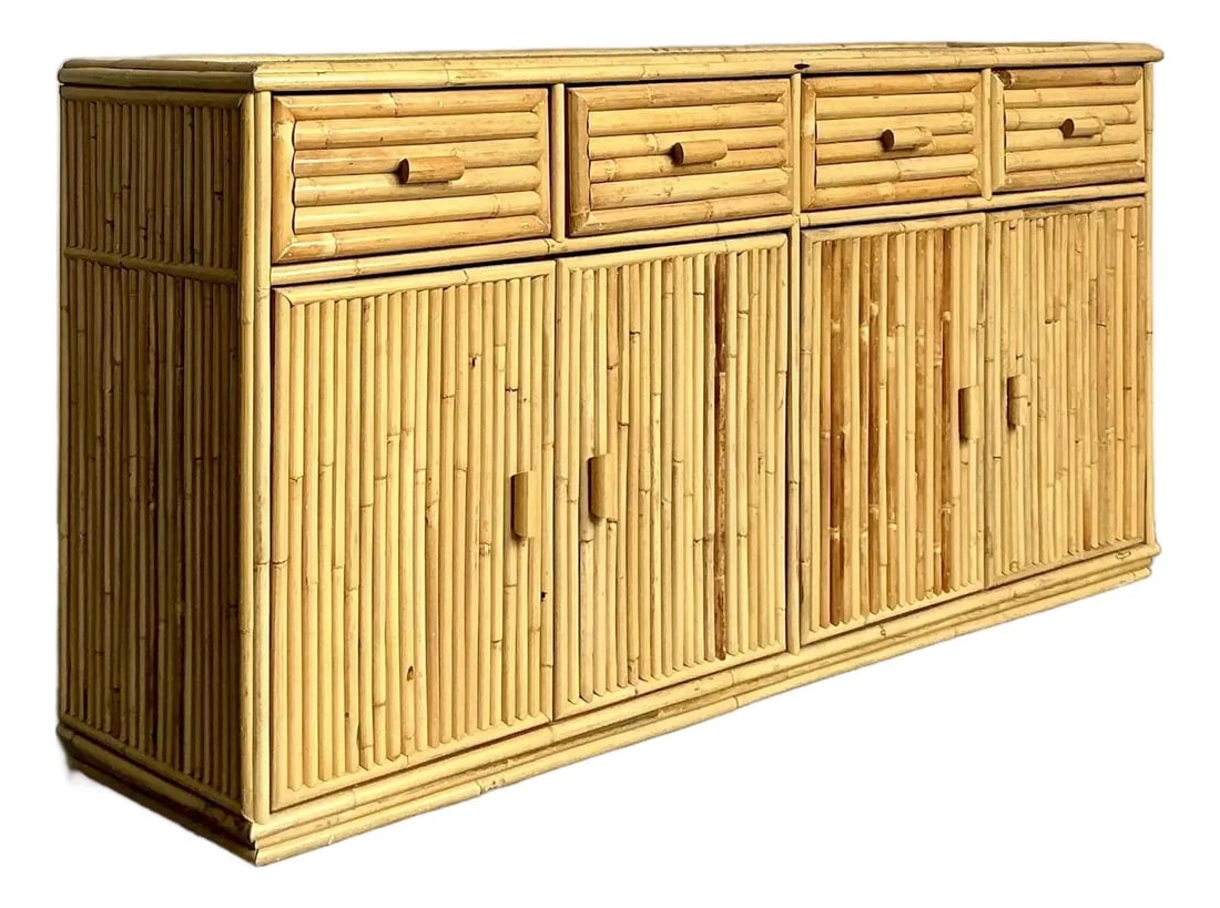 Boho Bamboo and Rattan Sideboard Credenza With Paneled Drawers and Reeded Doors: Boho Bamboo and Rattan Sideboard Credenza With Paneled Drawers and Reeded Doors This vintage credenza features natural rattan and bamboo construction, blending Boho Chic, Coastal, and Mid-Century desi