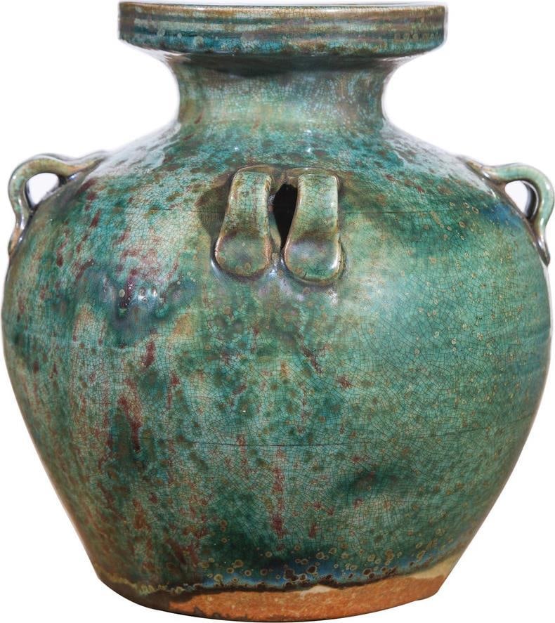 Hand-Crafted Rustic Speckled Green Ceramic Jar with Eight Handles (1 of 3)