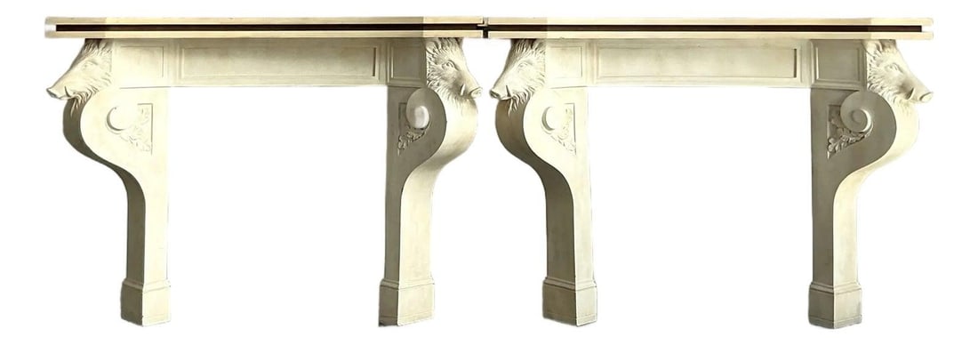 Pair of Hollywood Regency Boar Head Plaster Console Tables Over Wood: Pair of Hollywood Regency Boar Head Plaster Console Tables Over Wood This pair of vintage console tables showcases Hollywood Regency style with plaster-over-wood construction, featuring bold boar head