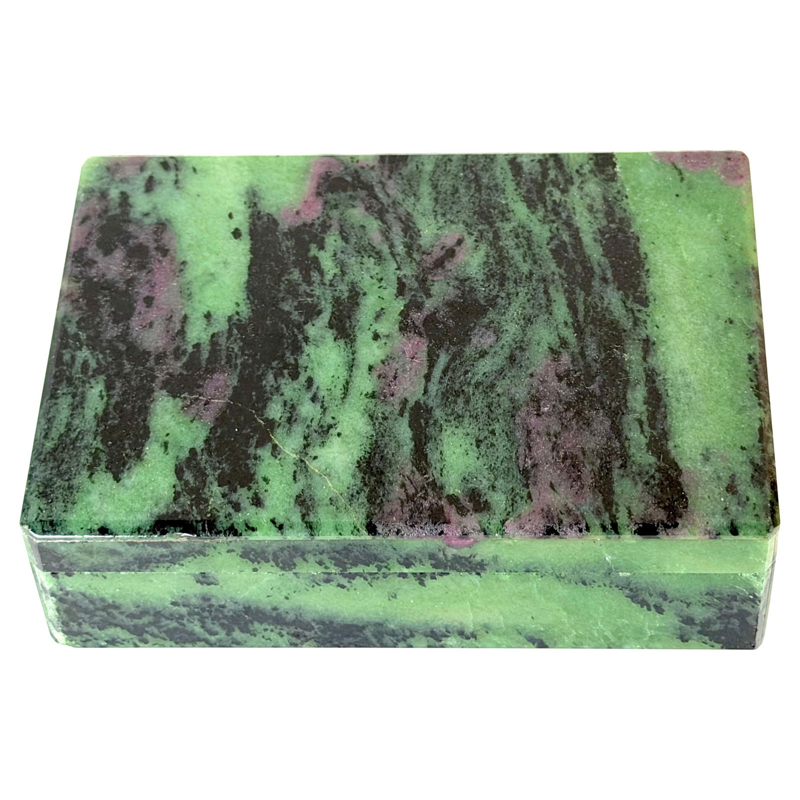 Florentine Green and Plum Marble Box With Alabaster Lining 1970s: Florentine Green and Plum Marble Box With Alabaster Lining 1970s This elegant Italian decorative box is crafted from richly veined green specimen marble with subtle plum-purple inclusions, creating a