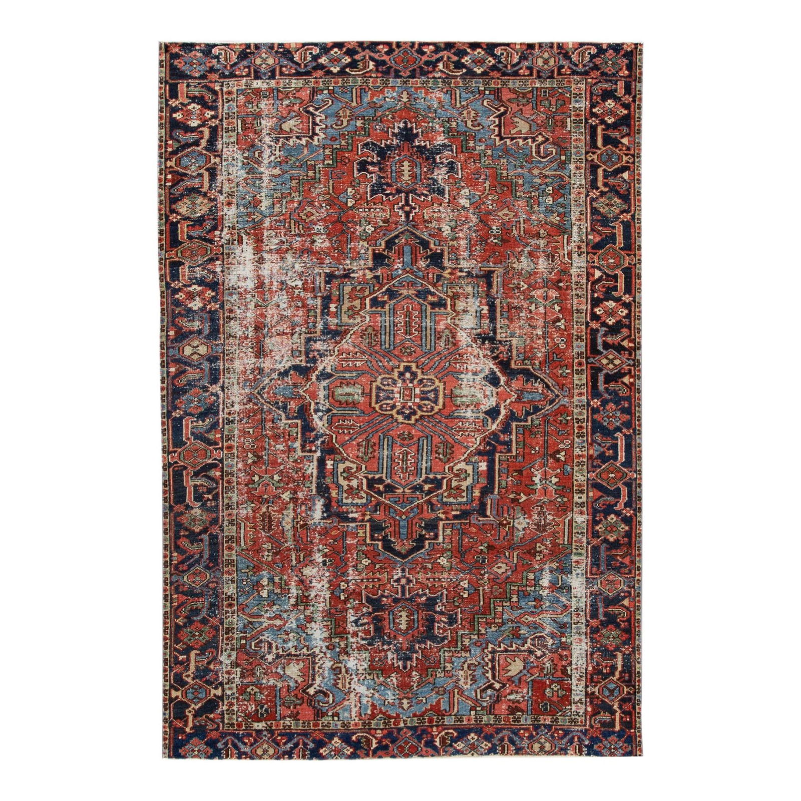 Red Antique Heriz Handmade Wool Rug 5'11 x 8'10 Medallion Design: Red Antique Heriz Handmade Wool Rug 5'11 x 8'10 Medallion Design Enhance your living space with this exquisite antique Heriz handmade wool rug, featuring a vibrant red field. The rug showcases a strik