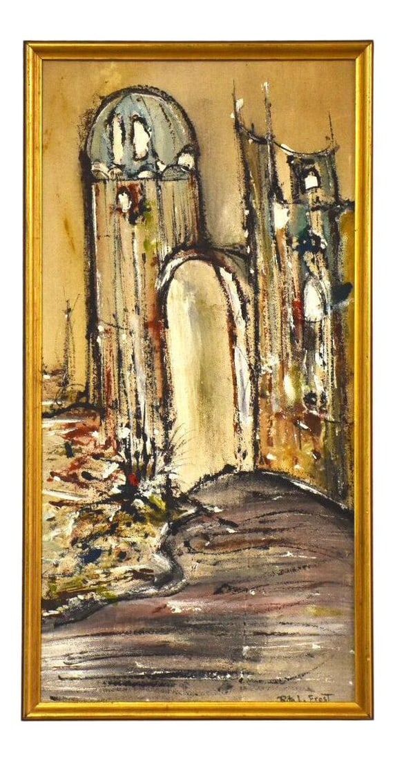 Mid Century Modern Abstract Oil Painting by Rita Frost 12x22.75: Mid Century Modern Abstract Oil Painting by Rita Frost 12x22.75 Discover a stunning mid-century modern abstract painting by Rita Frost, expertly crafted in oil on canvas. This captivating artwork feat