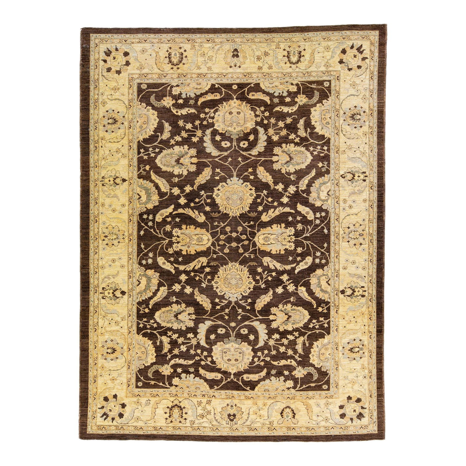 Oversize Modern Peshawar Handmade Brown Wool Rug 9'11 x 13'6: Oversize Modern Peshawar Handmade Brown Wool Rug 9'11 x 13'6 Enhance your space with this stunning Modern Peshawar Handmade Palmettes Motif Brown Wool Rug. Expertly crafted, this oversized rug feature