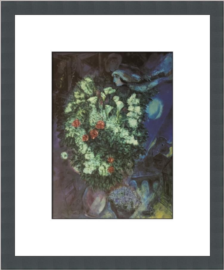 Marc Chagall Bouquet with Flying Lovers Custom Framed Art Print: Marc Chagall Bouquet with Flying Lovers Custom Framed Art Print This exquisite custom framed print titled 'Bouquet with Flying Lovers' by renowned artist Marc Chagall captures the essence of realism t