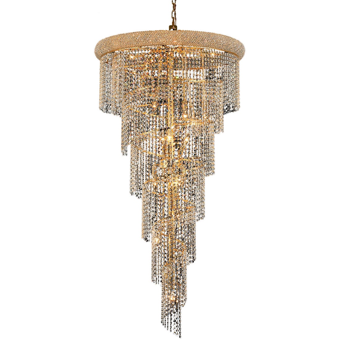 Modern Spiral 22-Light Gold Crystal Chandelier for Foyer or Dining Room 54": Modern Spiral 22-Light Gold Crystal Chandelier for Foyer or Dining Room 54" This large modern spiral chandelier features 22 lights and royal cut clear crystals, offering an impressive statement piece