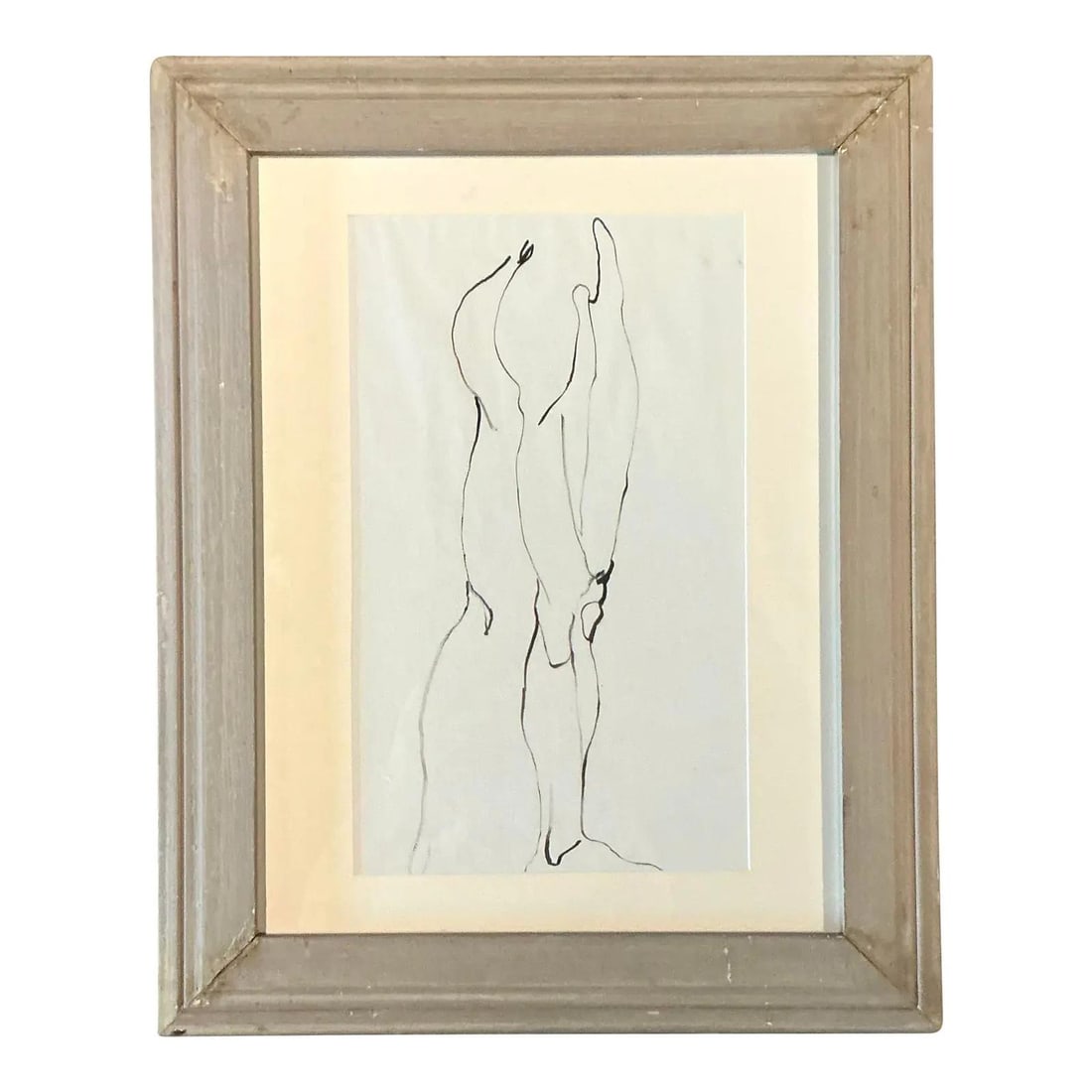 Minimalist Vintage Ink Figure Drawing Framed in Light Wood 23.75 x 29.75: Minimalist Vintage Ink Figure Drawing Framed in Light Wood 23.75 x 29.75 This vintage original ink line drawing features a minimalist depiction of a man's lower torso and legs, rendered in fluid black