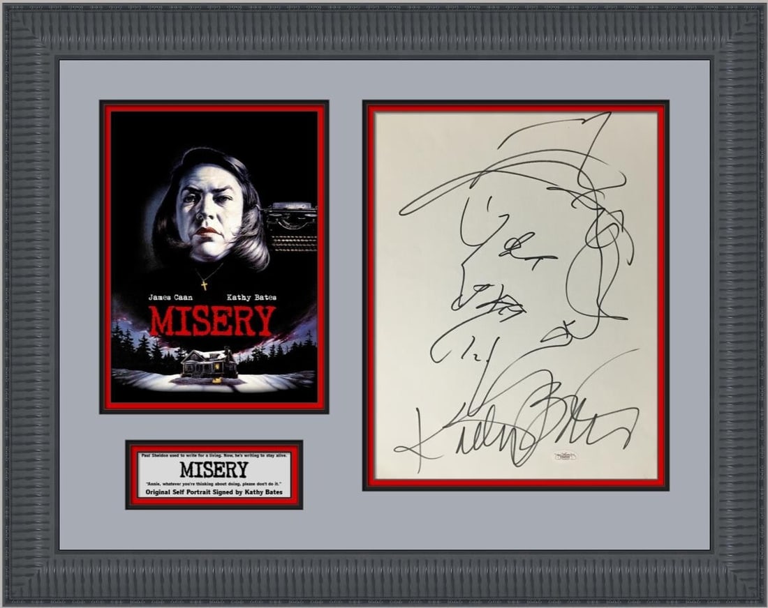 Kathy Bates Misery Signed Self-Portrait Custom Framed JSA COA: Kathy Bates Misery Signed Self-Portrait Custom Framed JSA COA This unique display features a rare self-portrait signed by Kathy Bates from the iconic movie 'Misery.' The artwork is an original piece m