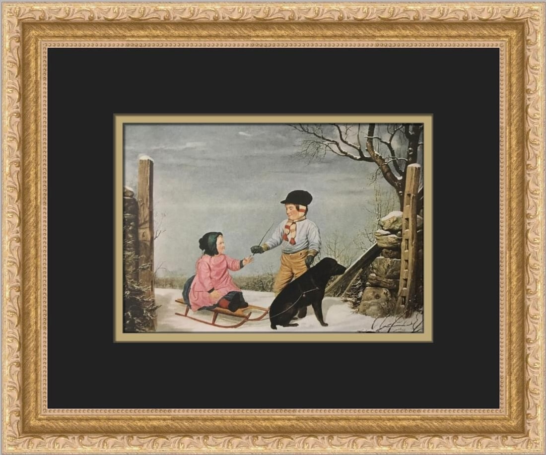 James Clonney The Sleigh Ride Custom Framed Americana Print 1957: James Clonney The Sleigh Ride Custom Framed Americana Print 1957 Introducing 'The Sleigh Ride,' a stunning custom framed print by artist James Clonney. This medium-sized artwork, produced in 1957, fea