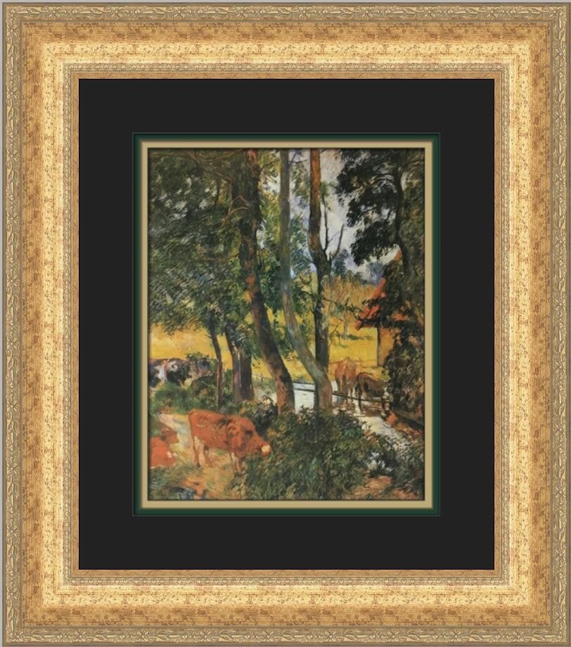 Paul Gauguin Cattle Drinking Custom Framed Art Print 19x17: Paul Gauguin Cattle Drinking Custom Framed Art Print 19x17 This custom framed print titled "Cattle Drinking" by renowned artist Paul Gauguin brings a touch of Symbolism to your decor. Produced in 1988