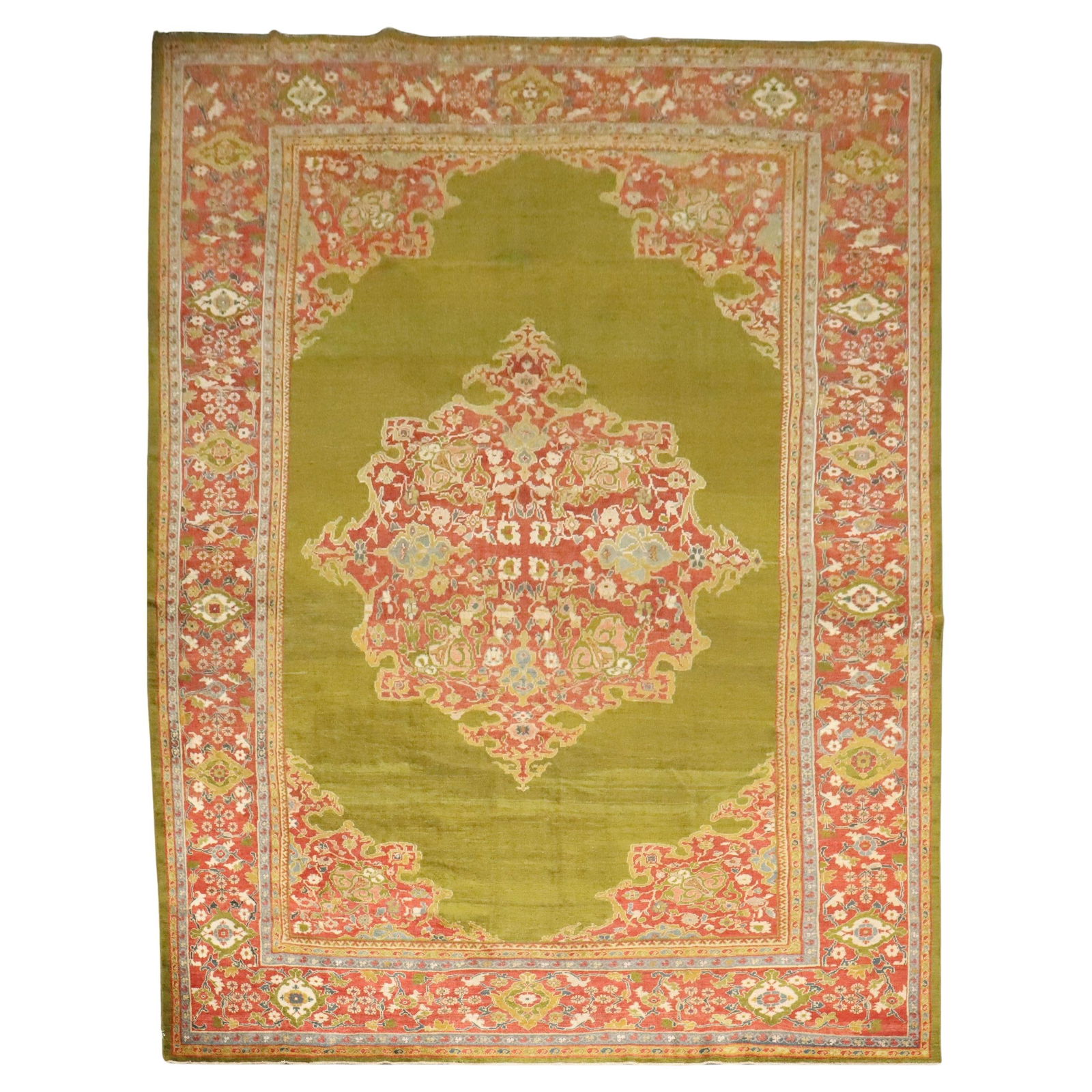 Late 19th Century Green Sultanabad Hand-Woven Wool Rug 11'8" x 16'8" Iran: Late 19th Century Green Sultanabad Hand-Woven Wool Rug 11'8" x 16'8" Iran Introducing a stunning late 19th Century Green Sultanabad Rug, crafted with exceptional artistry and attention to detail. This