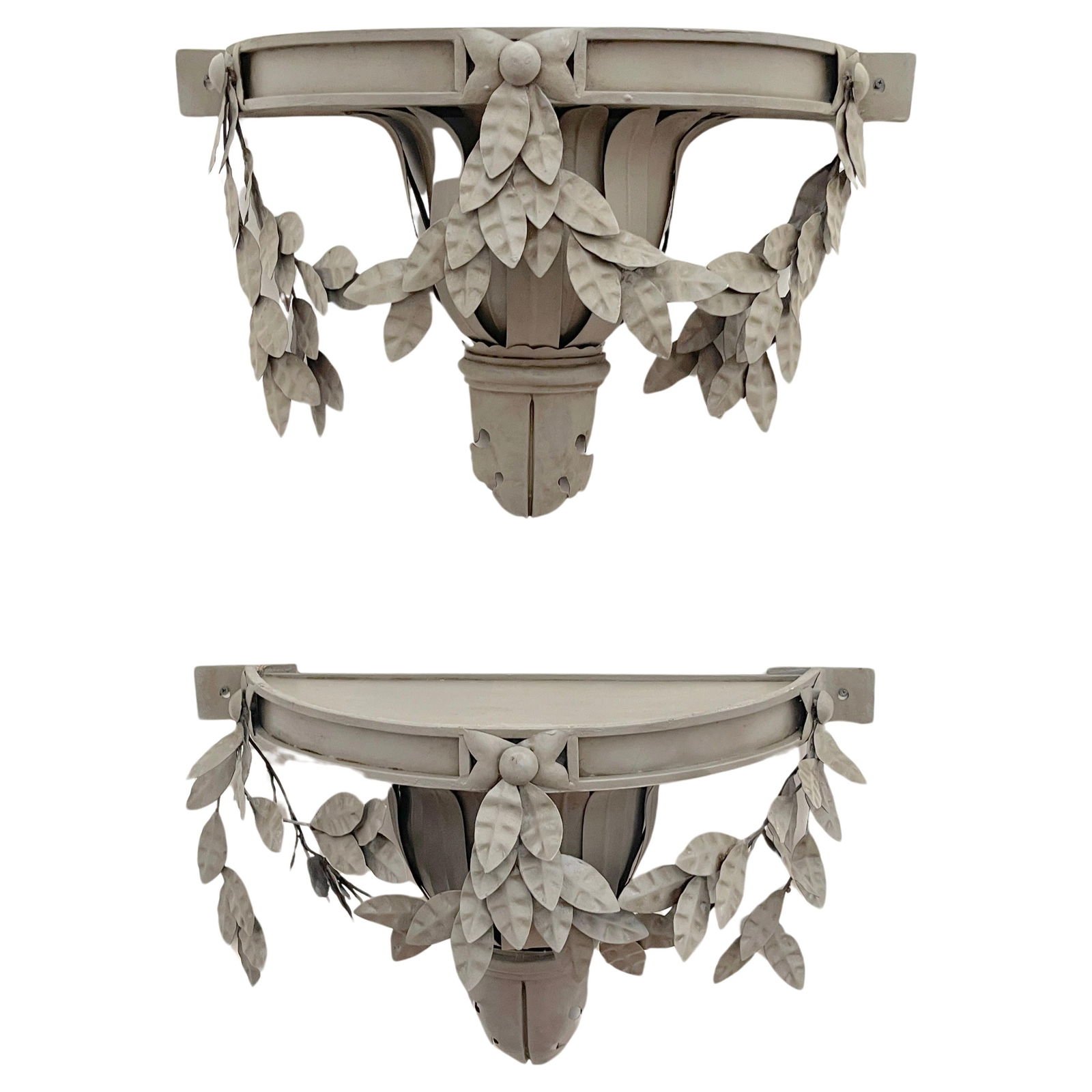 Set of 2 Swedish Gray Neoclassical Tole Wall Brackets Shelves 20th Century: Set of 2 Swedish Gray Neoclassical Tole Wall Brackets Shelves 20th Century Elevate your home decor with this stunning pair of Swedish Gray Neoclassical Tole Wall Brackets/Shelves from 20th-century Eur