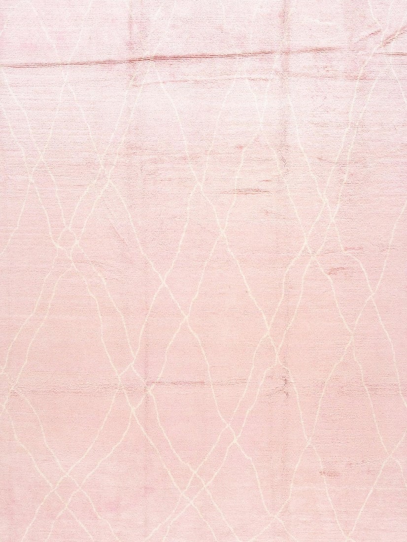 Hand-Knotted Moroccan Wool Rug 10'2 x 14'4 Pink Ivory Tribal Design: Hand-Knotted Moroccan Wool Rug 10'2 x 14'4 Pink Ivory Tribal Design Enhance your living space with this stunning Modern Moroccan Style Wool Rug. Hand-knotted from high-quality wool, it features a vibr