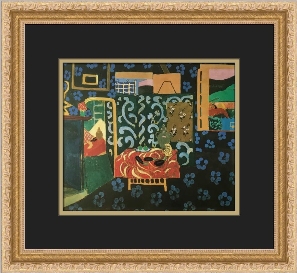 Henri Matisse Interior with Eggplants Custom Framed Lithograph Art: Henri Matisse Interior with Eggplants Custom Framed Lithograph Art This exquisite custom framed print titled "Interior with Eggplants" by Henri Matisse showcases the artist's expressive figurative sty