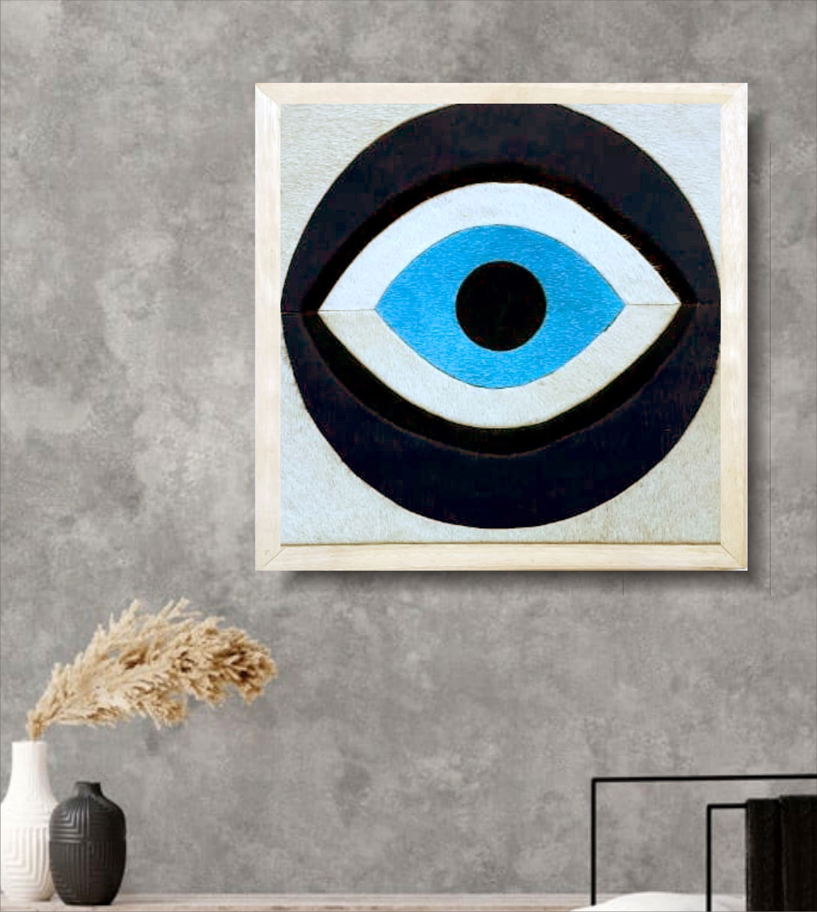 Handcrafted Cowhide Mosaic Wall Art Mediterranean Blue Evil Eye Nazar Design 12x12: Handcrafted Cowhide Mosaic Wall Art Mediterranean Blue Evil Eye Nazar Design 12x12 Free continental US Shipping This handcrafted wall art features a striking Nazar Gaze evil eye design, meticulously c