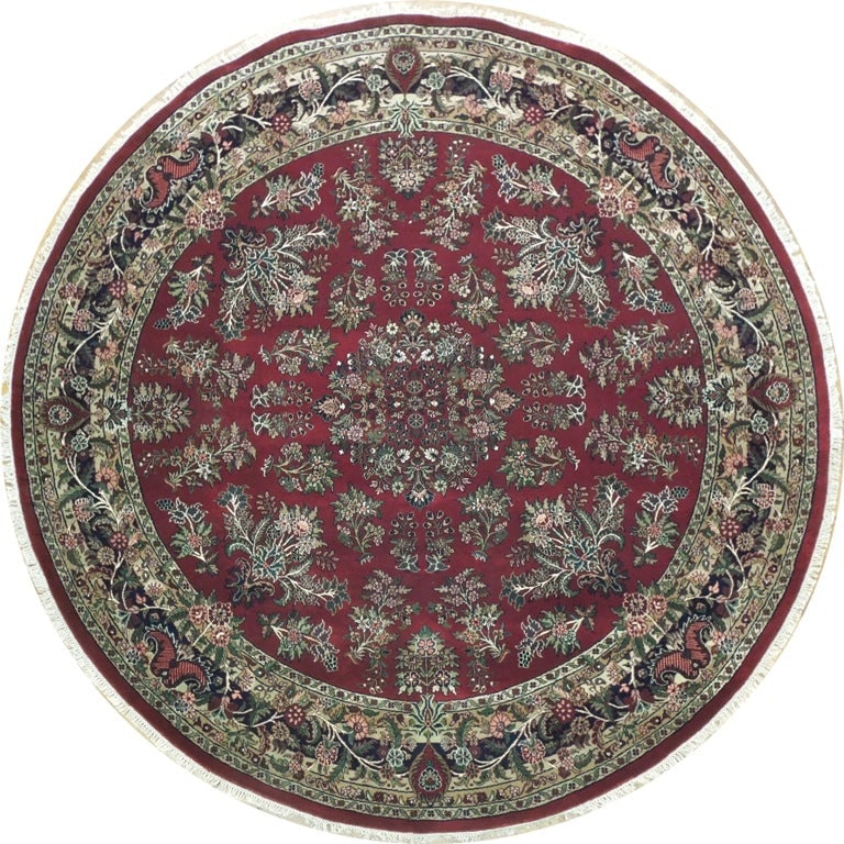 8 x 8 Round Hand-Knotted Jaipour Wool Rug Ornate Vine Pattern: 8 x 8 Round Hand-Knotted Jaipour Wool Rug Ornate Vine Pattern Free continental US Shipping This 8 x 8 round hand-knotted Jaipur wool rug showcases traditional Indian craftsmanship with an ornate vine-