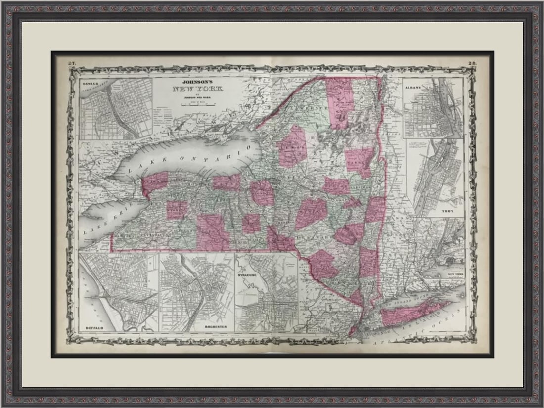 1893 Antique New York Map by Johnson and Ward Custom Framed: 1893 Antique New York Map by Johnson and Ward Custom Framed This exquisite antique map of New York, created in 1893 by cartographers Johnson and Ward, showcases the region's historic landscape with in