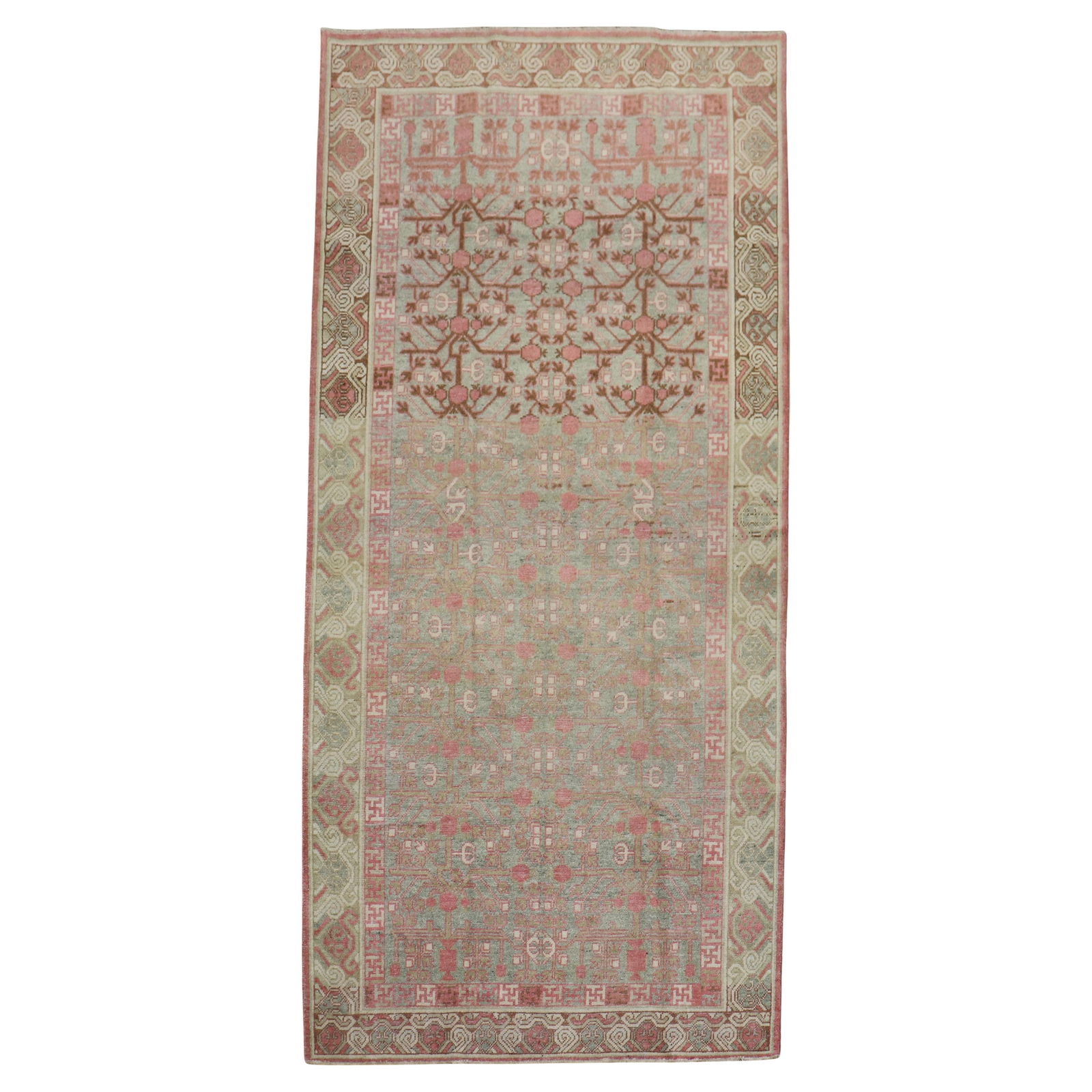 Antique Khotan Gallery Rug 5'1" x 10'4" from East Turkestan: Antique Khotan Gallery Rug 5'1" x 10'4" from East Turkestan Discover the beauty of this exquisite Antique Khotan Gallery Rug, featuring a stunning pomegranate design in soft pink and celadon green hue
