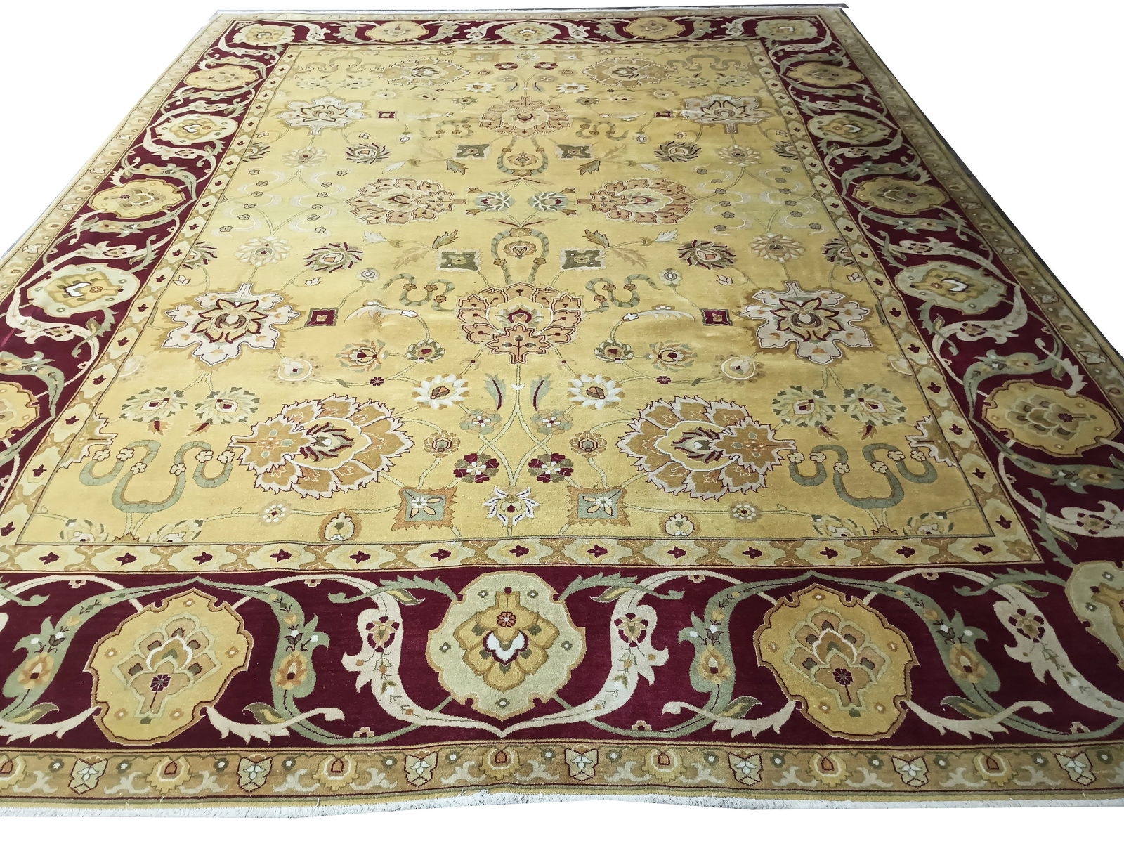 10 x 13.5 Hand-Knotted Agra Rug Gold Burgundy Wool Luxury: 10 x 13.5 Hand-Knotted Agra Rug Gold Burgundy Wool Luxury Free continental US Shipping Transform your living space with this stunning 10' x 13.5' Agra Handmade Rug in a luxurious gold and burgundy col