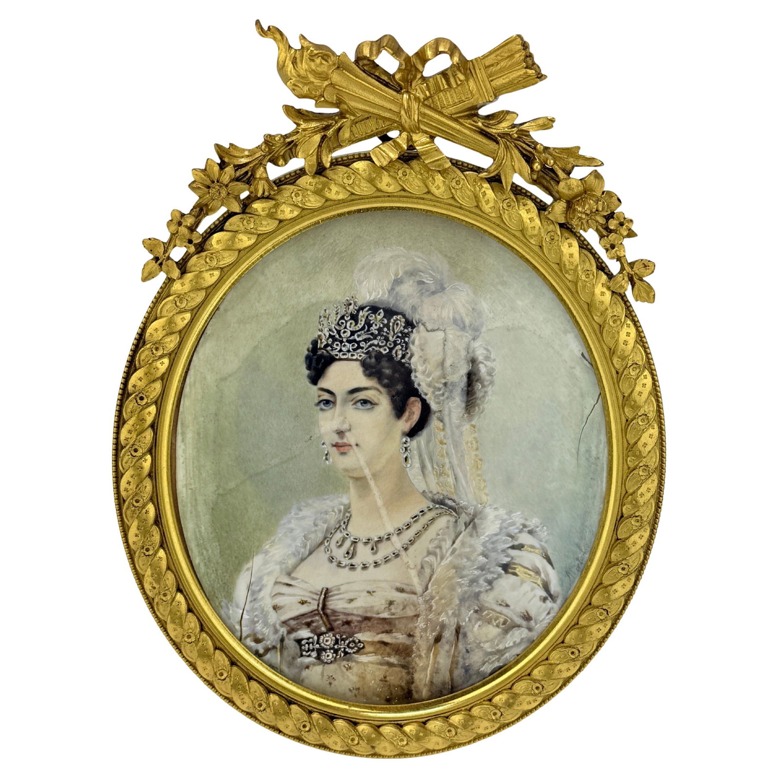 19th Century French Bronze Frame Portrait of Empress Josephine: 19th Century French Bronze Frame Portrait of Empress Josephine This exceptional 19th Century French bronze frame showcases a miniature portrait attributed to Empress Josephine, exemplifying the elegan
