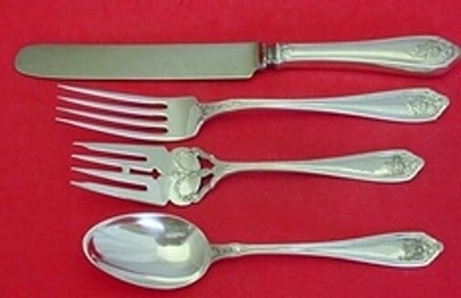 Dominick & Haff Basket of Flowers Sterling Silver 4-Piece Place Setting: Dominick & Haff Basket of Flowers Sterling Silver 4-Piece Place Setting Elevate your dining experience with this exquisite 4-piece Sterling Silver Dinner Size Place Setting from the renowned brand Dom