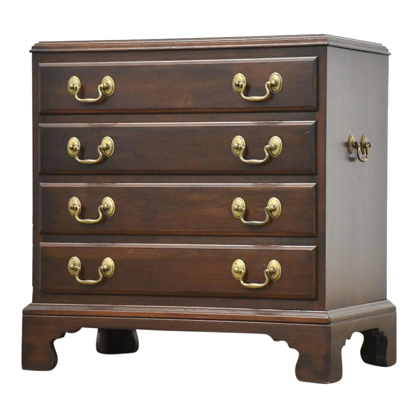 1960s Ethan Allen Cherry Wood Nightstand with Brass Pulls: 1960s Ethan Allen Cherry Wood Nightstand with Brass Pulls This elegant 1960s Ethan Allen nightstand is crafted from solid cherry wood and features four spacious drawers, perfect for bedside storage. T