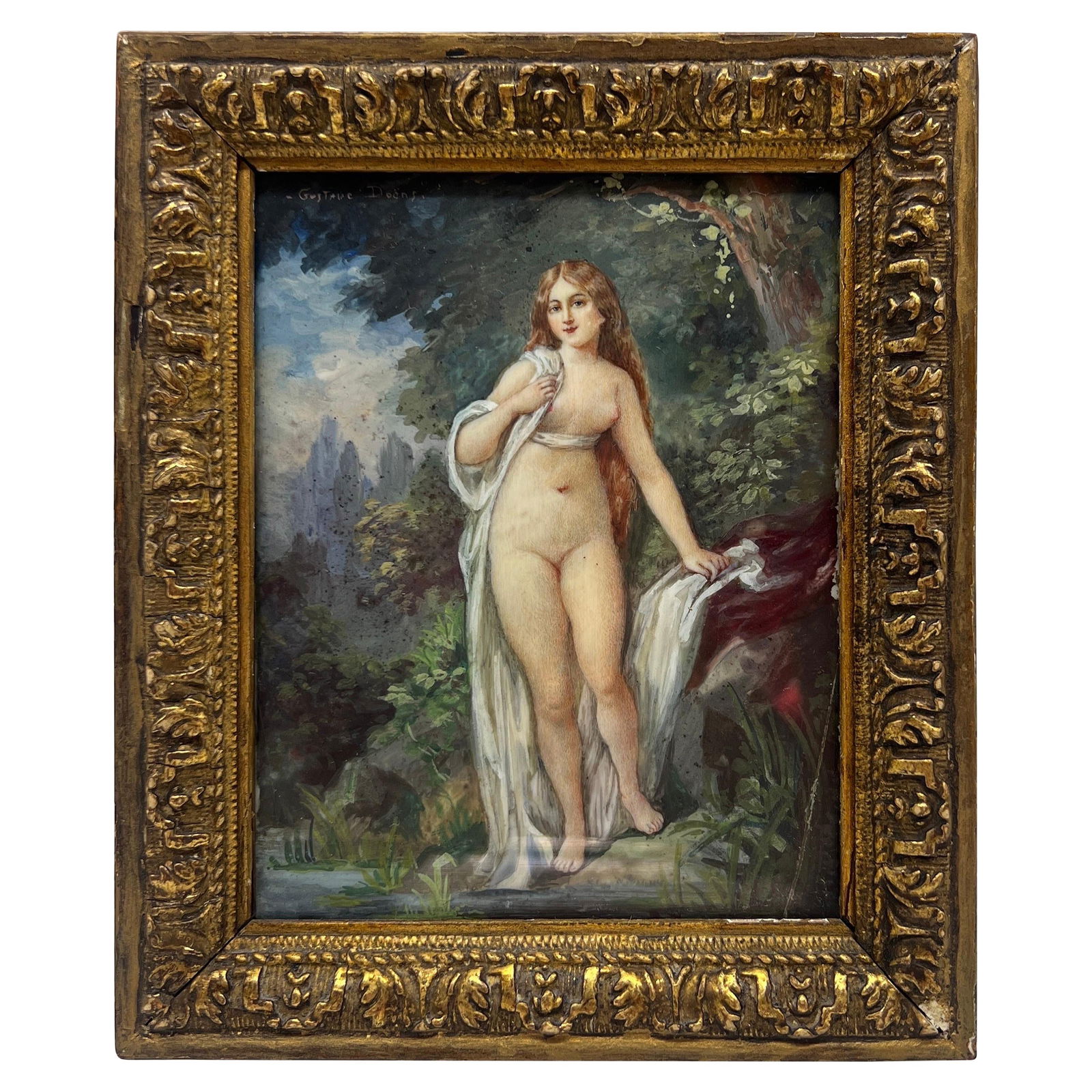French 19th Century Nude Portrait Painting on Celluloid by Gustave Doens: French 19th Century Nude Portrait Painting on Celluloid by Gustave Doens This 19th-century painting by Gustave Doens depicts a French nude beauty in a vibrant landscape, shown preparing to bathe near