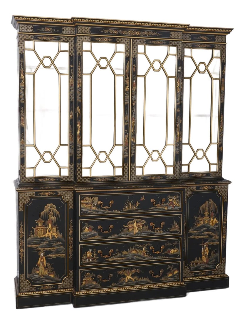 Three Piece Chinoiserie Wood Breakfront Bookcase with Removable Crown (1 of 10)