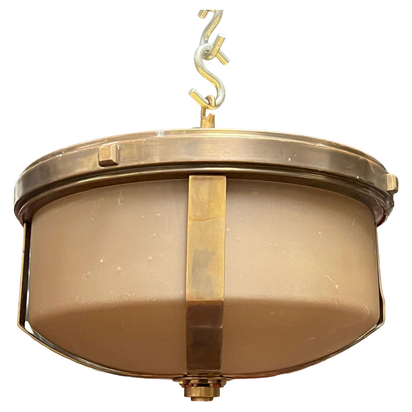 Mid-Century Modern Glass and Metal Chandelier with Taupe Shade: Mid-Century Modern Glass and Metal Chandelier with Taupe Shade This vintage Quoizel chandelier features an Art Deco-inspired design with a bronze patina and a taupe colored glass shade. Crafted in the