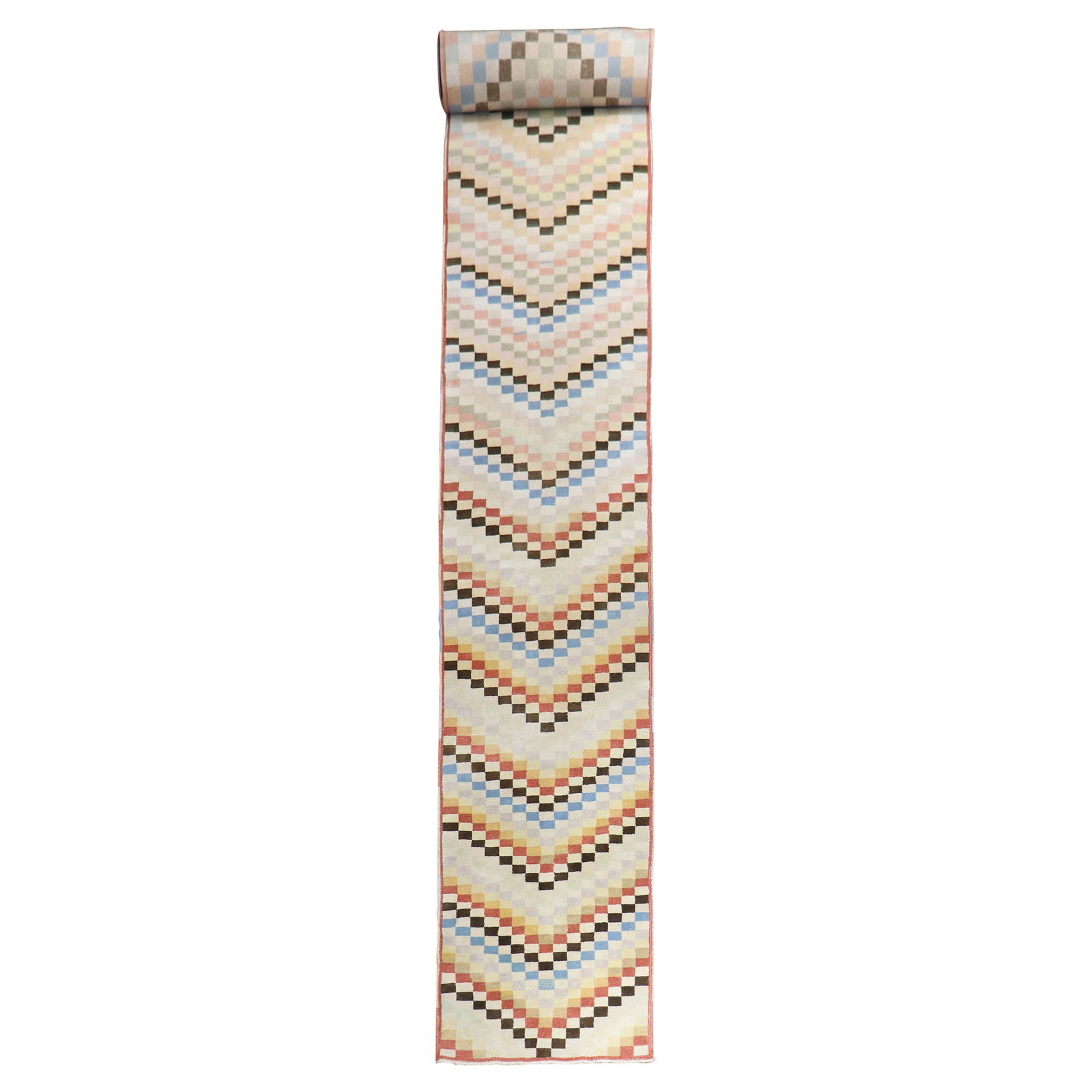 Vintage Turkish Deco Wool Runner Mid-Century Modern 3' x 20'8'': Vintage Turkish Deco Wool Runner Mid-Century Modern 3' x 20'8'' This stunning Long Checkerboard Vintage Turkish Deco Runner showcases a vibrant assortment of colors in a captivating all-over checkerbo