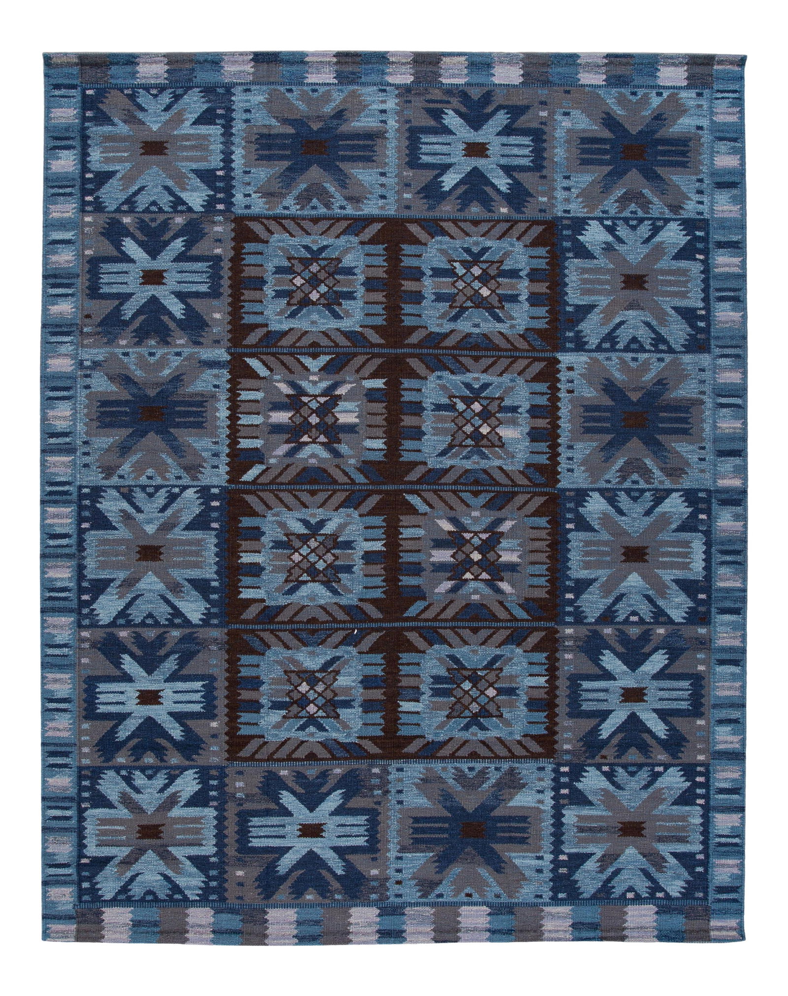 Stunning 21st-Century Blue Swedish Wool Rug 9'5 x 11'10: Stunning 21st-Century Blue Swedish Wool Rug 9'5 x 11'10 This exquisite 21st-Century Modern Swedish hand-knotted wool rug features a stunning blue field adorned with brown and gray accents in an all-ov