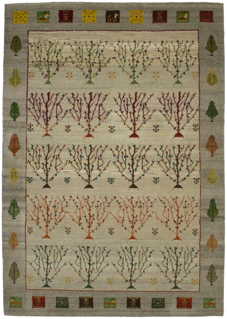 Hand-Knotted Wool Tribal Pattern Greige Area Rug 7'10 x 5'6 Modern Farmhouse: Hand-Knotted Wool Tribal Pattern Greige Area Rug 7'10 x 5'6 Modern Farmhouse This modern tribal-style area rug features a hand-knotted wool construction in a greige background with accents of red, yel