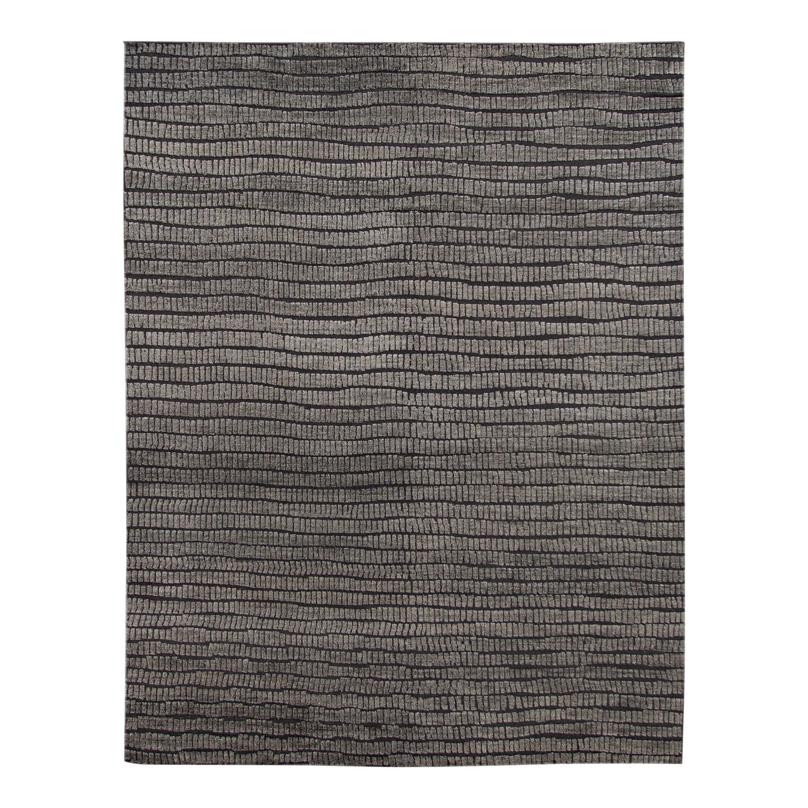 Contemporary Dark Grey Wool Rug 9' x 12' High Low Stripe: Contemporary Dark Grey Wool Rug 9' x 12' High Low Stripe Enhance your space with this contemporary textured wool rug, featuring a captivating high-low pile and a sophisticated all-over stripe pattern
