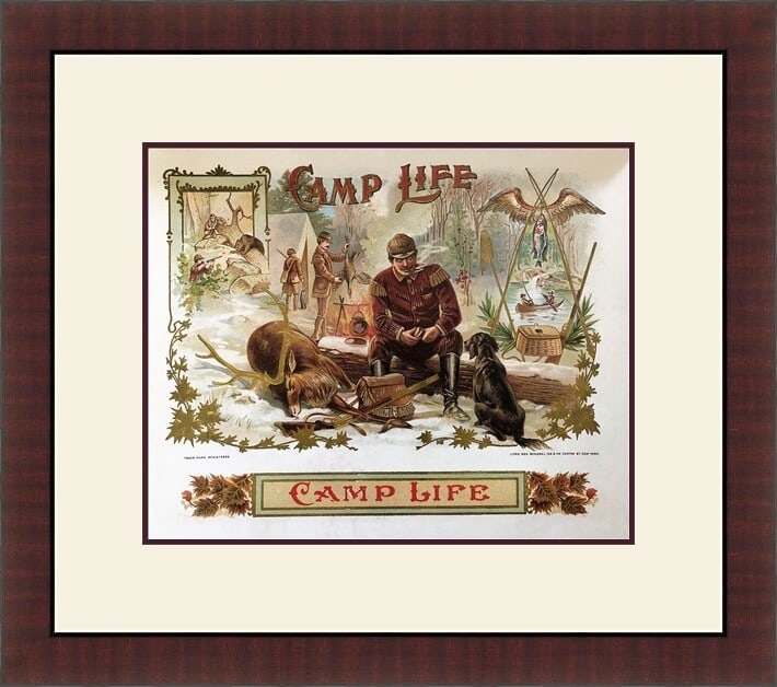 Camp Life Cigar Box Label Reproduction Custom Framed Art 1800s: Camp Life Cigar Box Label Reproduction Custom Framed Art 1800s Elevate your space with this stunning reproduction of a Cigar Box Label Art, titled 'Camp Life - Outdoorsman Hunting'. This piece showcas
