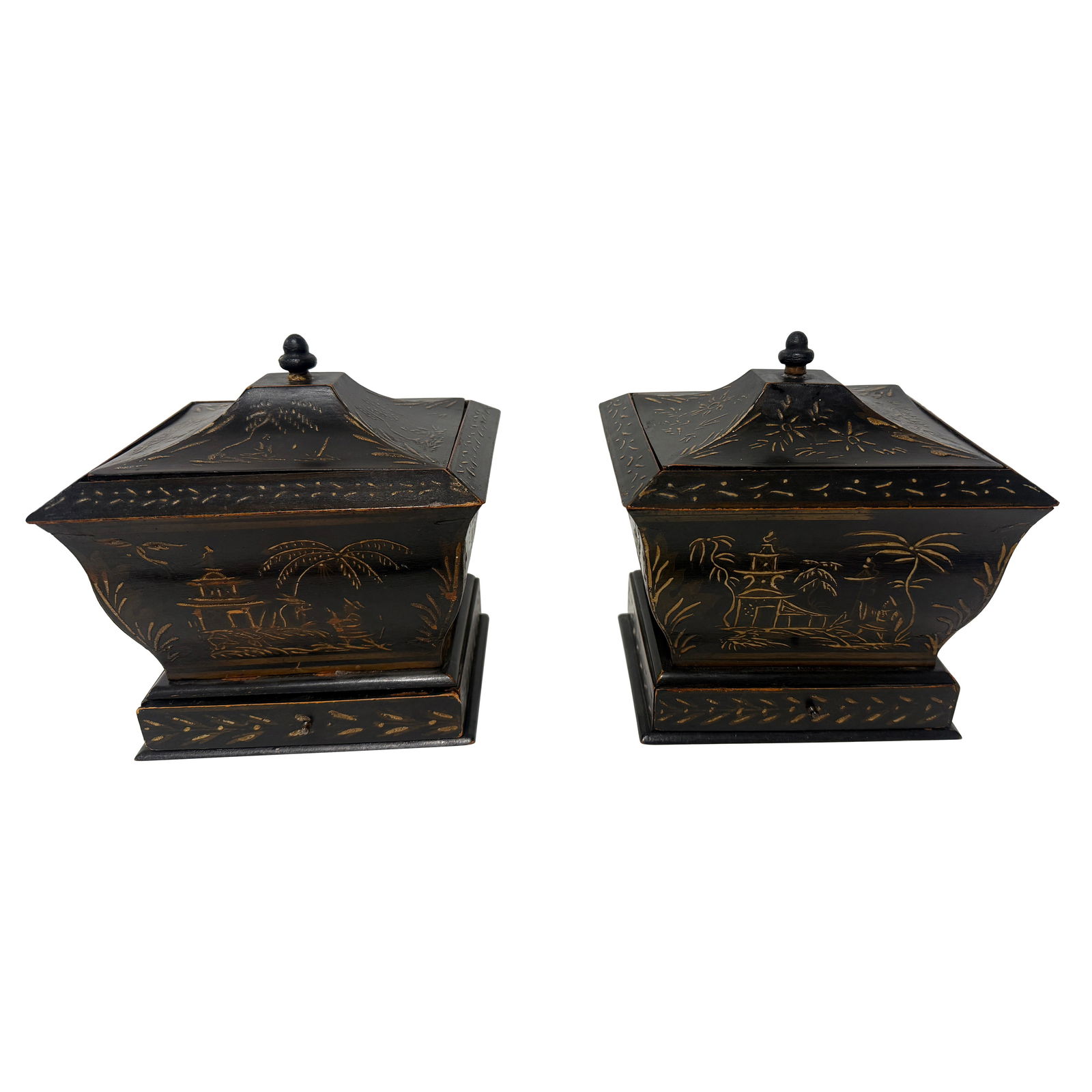 Set of 2 English Japanned Chinoiserie Tea Caddies With Sifter Drawers Circa 1830: Set of 2 English Japanned Chinoiserie Tea Caddies With Sifter Drawers Circa 1830 This set consists of two rare japanned Chinoiserie tea caddies from England, dating to the early 19th century. Each cad