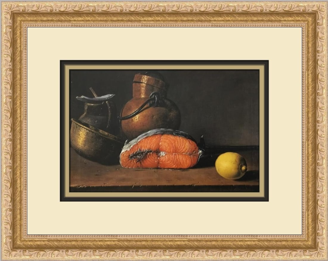 Luis Melendez Still Life Salmon Lemon Framed Art Print 12x15: Luis Melendez Still Life Salmon Lemon Framed Art Print 12x15 This exquisite print titled 'Still Life with Salmon Lemon Three Vessels' by Luis Melendez captures the essence of Impressionism and Realism