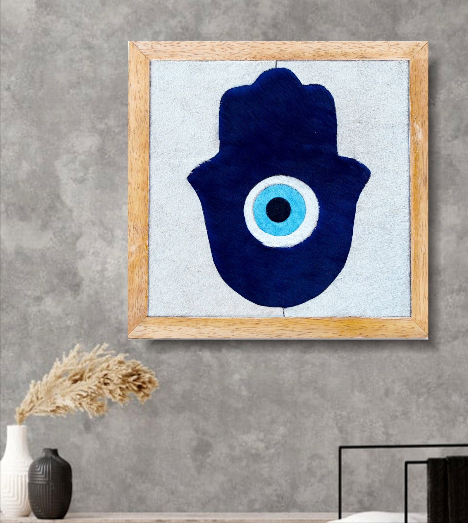 Handcrafted Hamsa Evil Eye Wall Art Genuine Cowhide Mosaic 12x12 Modern Minimalist: Handcrafted Hamsa Evil Eye Wall Art Genuine Cowhide Mosaic 12x12 Modern Minimalist Free continental US Shipping This handcrafted wall art features a modern minimalist Hamsa hand motif with an Evil Eye