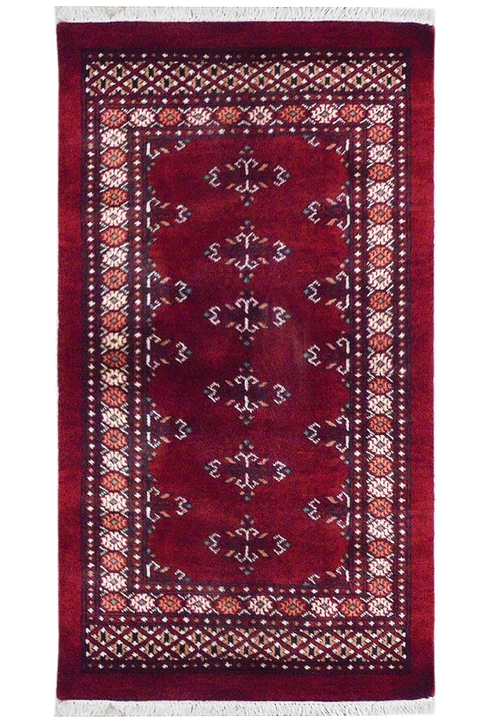 Red Mori Hand-knotted Bokhara Area Rug 4'3" x 2'7" Artisan Crafted: Red Mori Hand-knotted Bokhara Area Rug 4'3" x 2'7" Artisan Crafted Free continental US Shipping Enhance your living space with this exquisite 4.3 x 2.7 Red Mori Hand-knotted Bokhara Pattern Rug, a stu