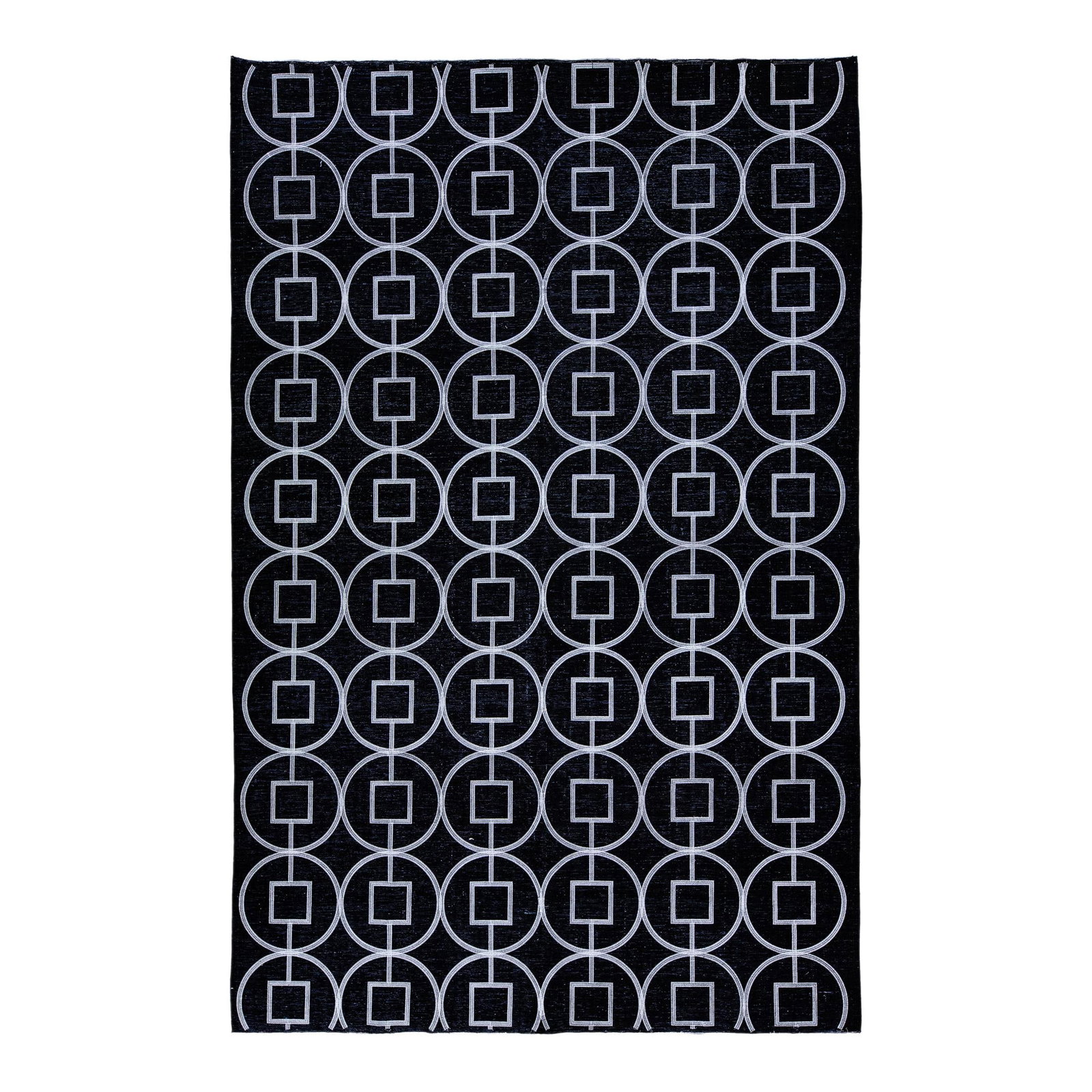 Turkish Handmade Black Wool Rug with Geometric Design 8'1 x 12'7: Turkish Handmade Black Wool Rug with Geometric Design 8'1 x 12'7 Enhance your space with this exquisite Turkish handmade wool rug, featuring a striking black distressed field complemented by white acc