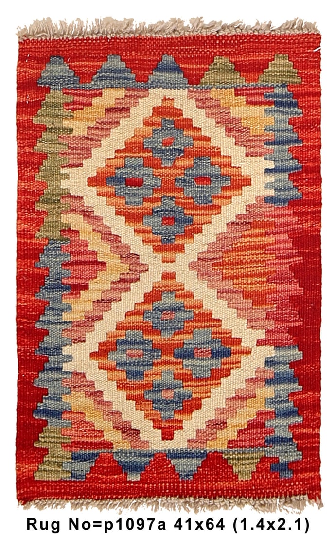 1.4 x 2.1 Hand-Knotted Wool Vegetable Kilim Rug in Red Coral (1 of 7)
