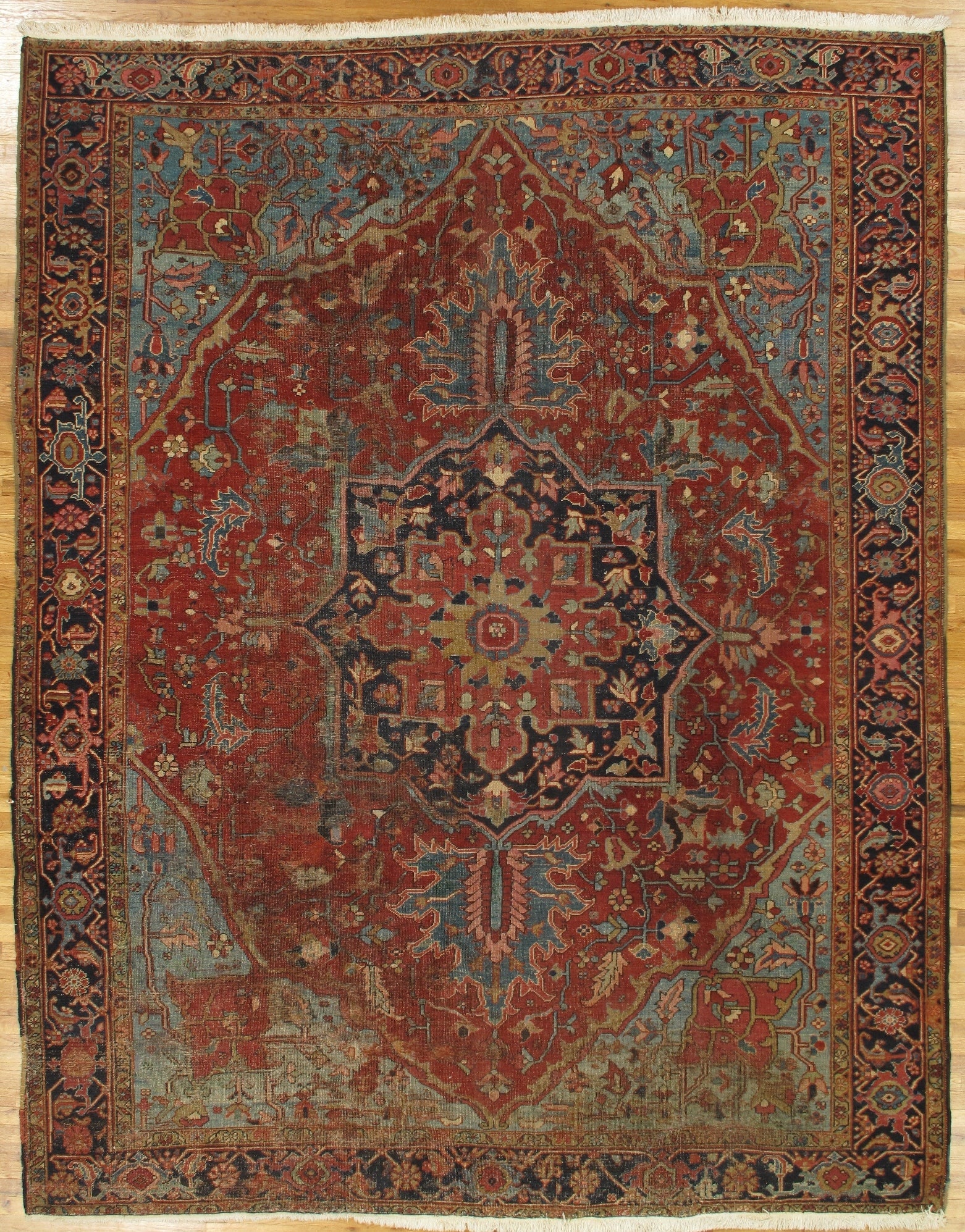 Handcrafted 9.5 x 12 Red Antique Worn Persian Heriz Rug (1 of 6)