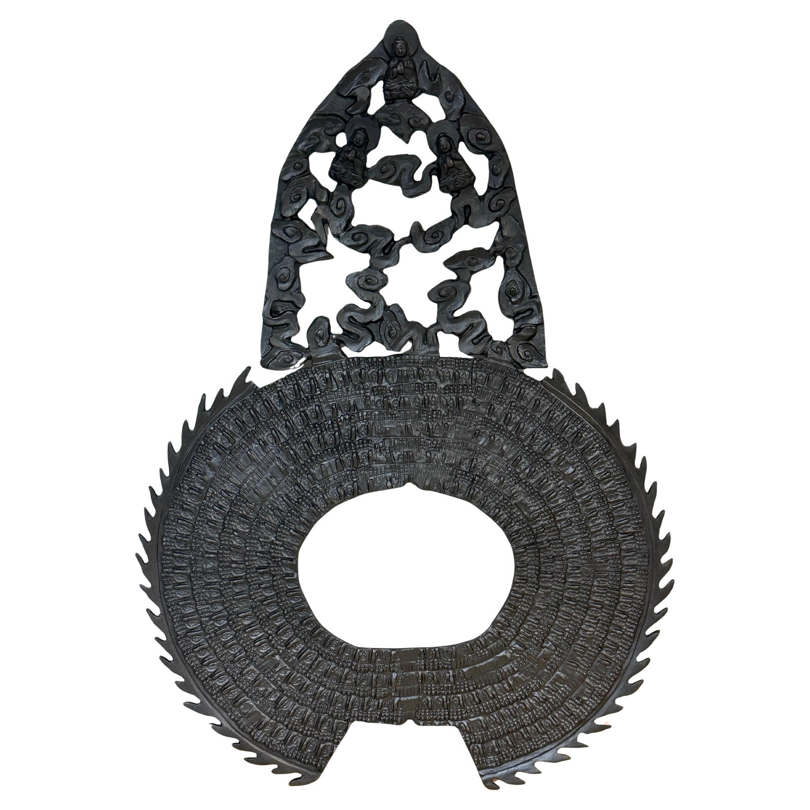 Large Chinese Bronze Buddhist Halo Fragment with Seated Buddha Figures 20th Century: Large Chinese Bronze Buddhist Halo Fragment with Seated Buddha Figures 20th Century This monumental Buddhist aureole (halo) fragment originates from China and dates to the 20th century. Cast in bronze