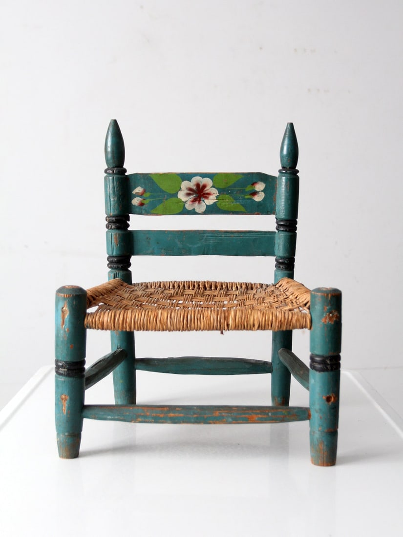 Hand Painted Turquoise Mexican Folk Art Chair With Woven Seat (1 of 10)