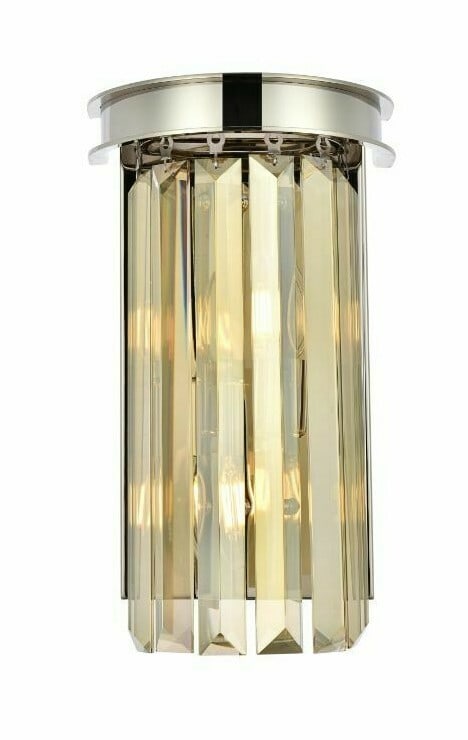 Sydney 14 Inch Wall Sconce With Golden Teak Crystal and Polished Nickel Finish: Sydney 14 Inch Wall Sconce With Golden Teak Crystal and Polished Nickel Finish This modern wall sconce features a polished nickel finish and golden teak royal cut crystal accents, offering a sophistic