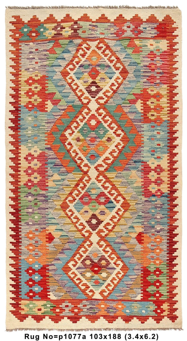 Handmade 3.5 x 6.2 Kilim Wool Flat Weave Rug Multi Color Tribal Design: Handmade 3.5 x 6.2 Kilim Wool Flat Weave Rug Multi Color Tribal Design Free continental US Shipping Introduce a touch of authenticity to your space with this exquisite 3.5 x 6.2 feet Kilim Natural Woo