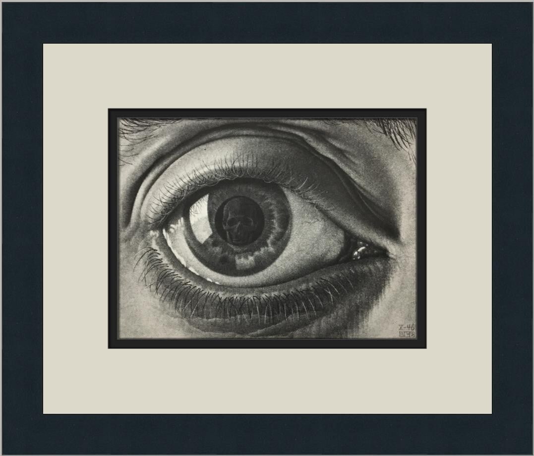 M.C. Escher Eye with Skull Reflection Custom Framed Art Print 12 x 14: M.C. Escher Eye with Skull Reflection Custom Framed Art Print 12 x 14 Discover the captivating artistry of M.C. Escher with this custom framed print titled "Eye with Skull Reflection." This medium-siz