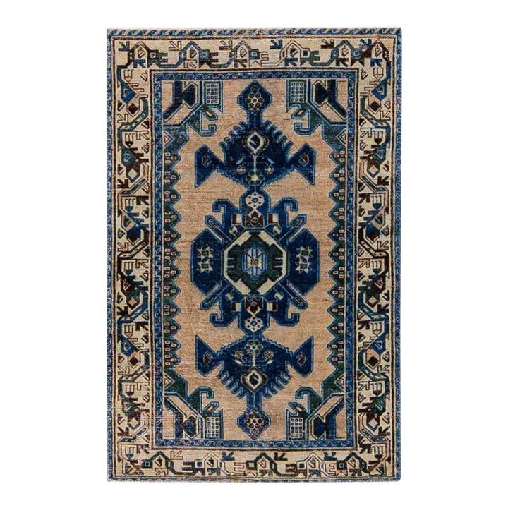 Vintage Hand-Knotted Beige Geometric Wool Rug 3'4 x 5'0: Vintage Hand-Knotted Beige Geometric Wool Rug 3'4 x 5'0 Elevate your space with this beautiful vintage shabby chic hand-knotted wool rug. Featuring a beige field adorned with navy blue accents, this r