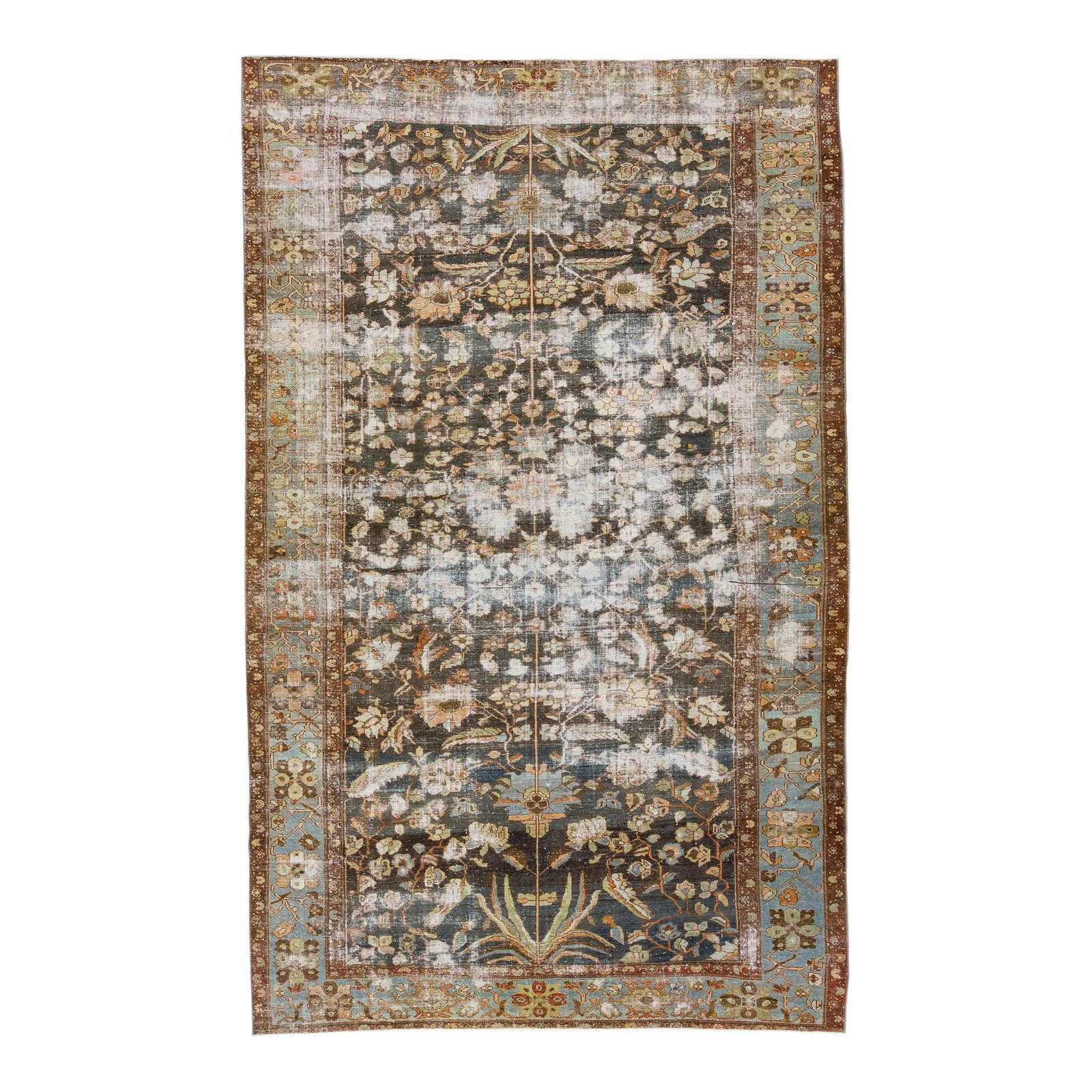 1900s Antique Malayer Handmade Blue Wool Rug 9'10 x 15'6: 1900s Antique Malayer Handmade Blue Wool Rug 9'10 x 15'6 This stunning antique Malayer rug features a hand-knotted wool construction with a captivating blue field. The design showcases a light blue fr