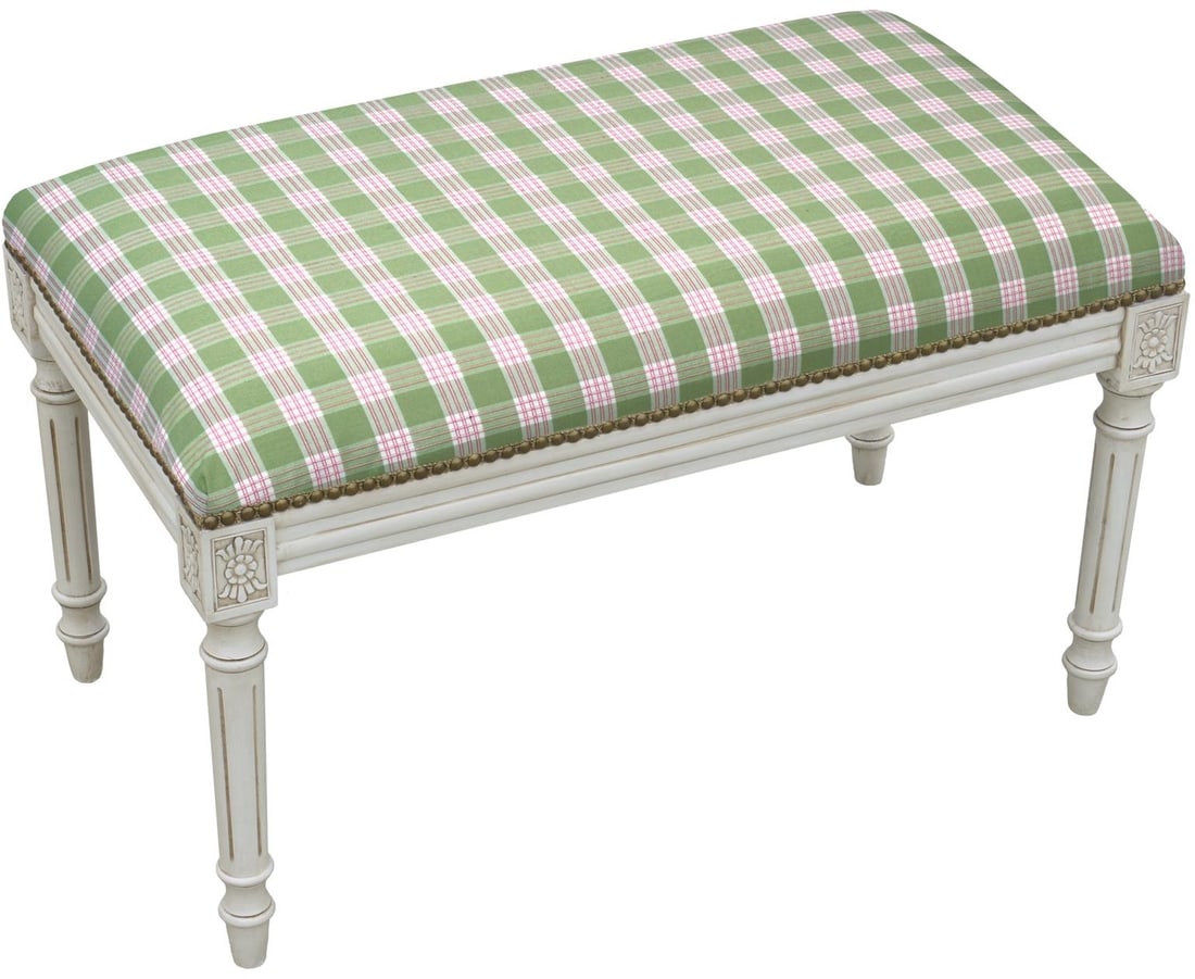 English Traditional Green Plaid Bench with Brass Nailheads: English Traditional Green Plaid Bench with Brass Nailheads This Traditional Green Plaid Bench features a charming backless design that complements English traditional decor. Crafted in an antique or v