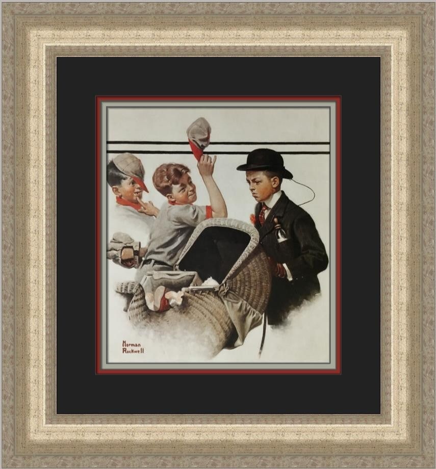 Norman Rockwell Boy with Carriage Custom Framed Print 18x18: Norman Rockwell Boy with Carriage Custom Framed Print 18x18 This stunning custom framed print titled "Boy with Carriage" by renowned artist Norman Rockwell is a captivating piece that embodies the Ame